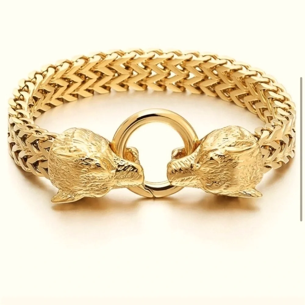 NEW 14k gold Titanium Wolf Head Franco Link Bracelet Mens